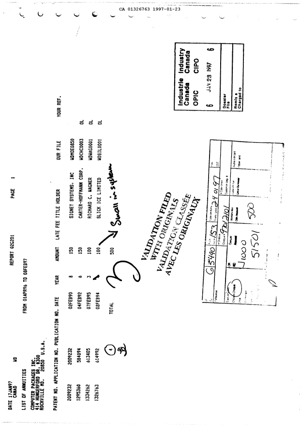 Document de brevet canadien 1326763. Taxes 19970123. Image 1 de 1