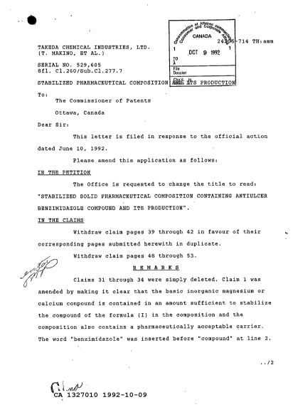 Document de brevet canadien 1327010. Correspondance de la poursuite 19921009. Image 1 de 3