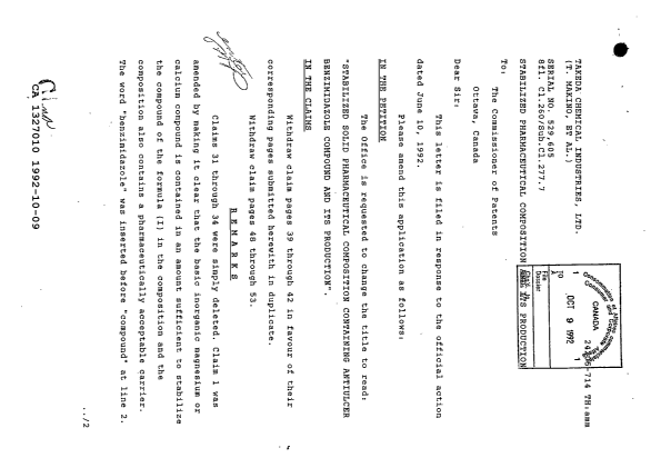 Canadian Patent Document 1327010. Prosecution Correspondence 19921009. Image 1 of 3
