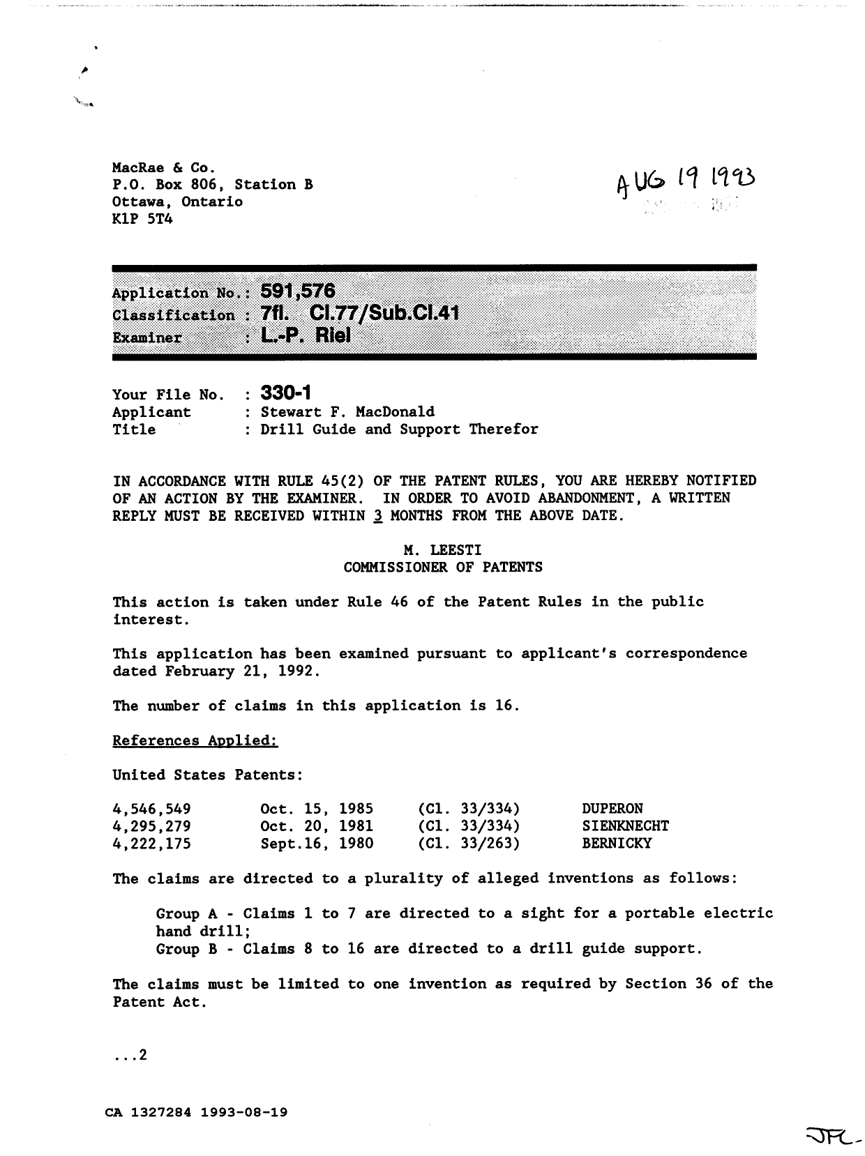 Document de brevet canadien 1327284. Demande d'examen 19930819. Image 1 de 2