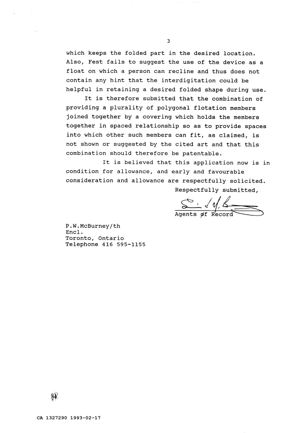 Document de brevet canadien 1327290. Correspondance de la poursuite 19930217. Image 3 de 3
