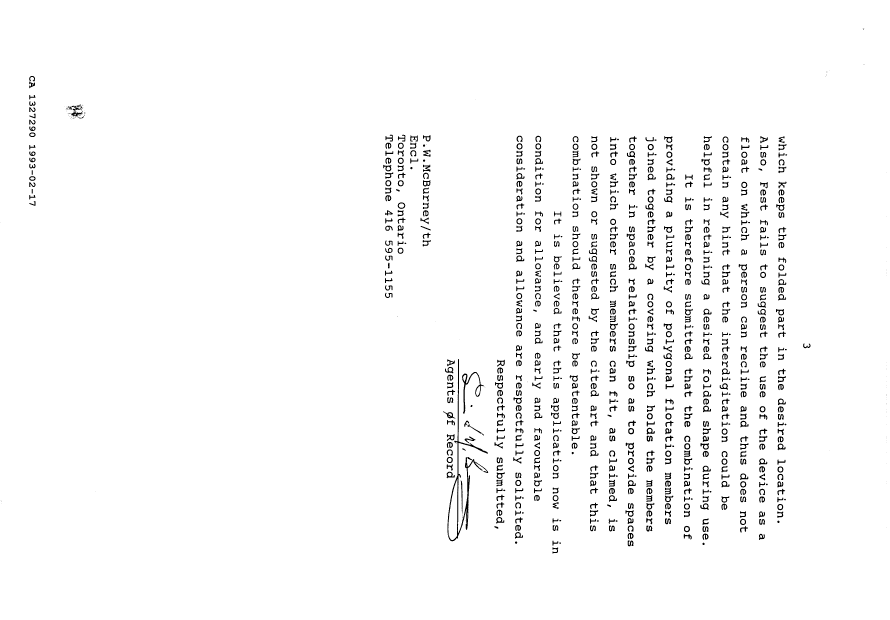 Canadian Patent Document 1327290. Prosecution Correspondence 19930217. Image 3 of 3