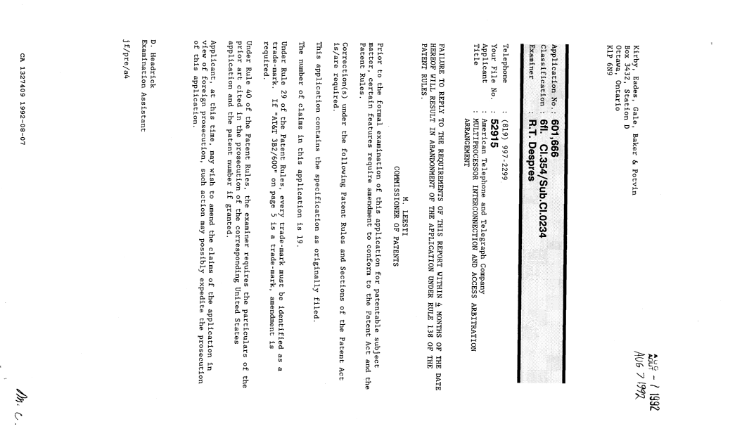 Document de brevet canadien 1327409. Demande d'examen 19920807. Image 1 de 1