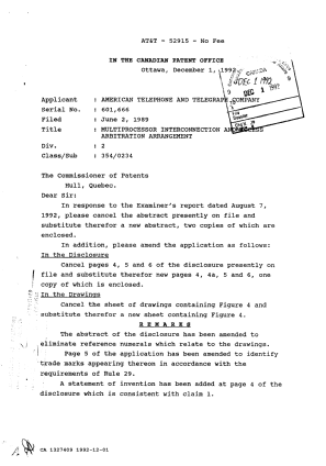 Document de brevet canadien 1327409. Correspondance de la poursuite 19921201. Image 1 de 8