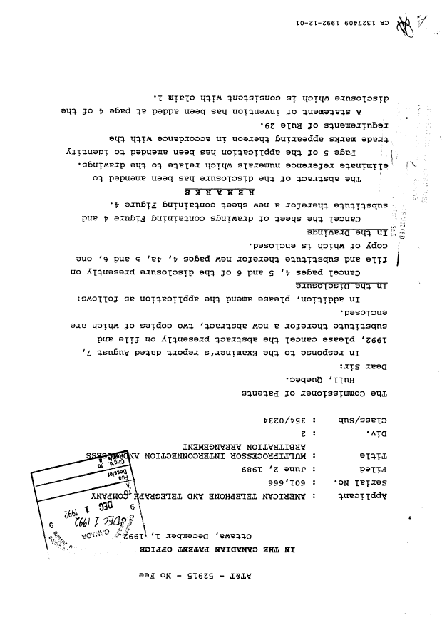 Canadian Patent Document 1327409. Prosecution Correspondence 19921201. Image 1 of 8