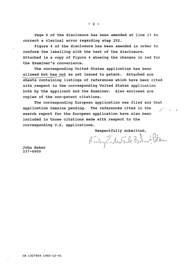 Canadian Patent Document 1327409. Prosecution Correspondence 19921201. Image 2 of 8