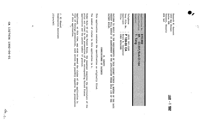 Document de brevet canadien 1327634. Demande d'examen 19920601. Image 1 de 2