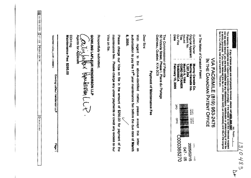 Document de brevet canadien 1327634. Taxes 20050215. Image 1 de 1