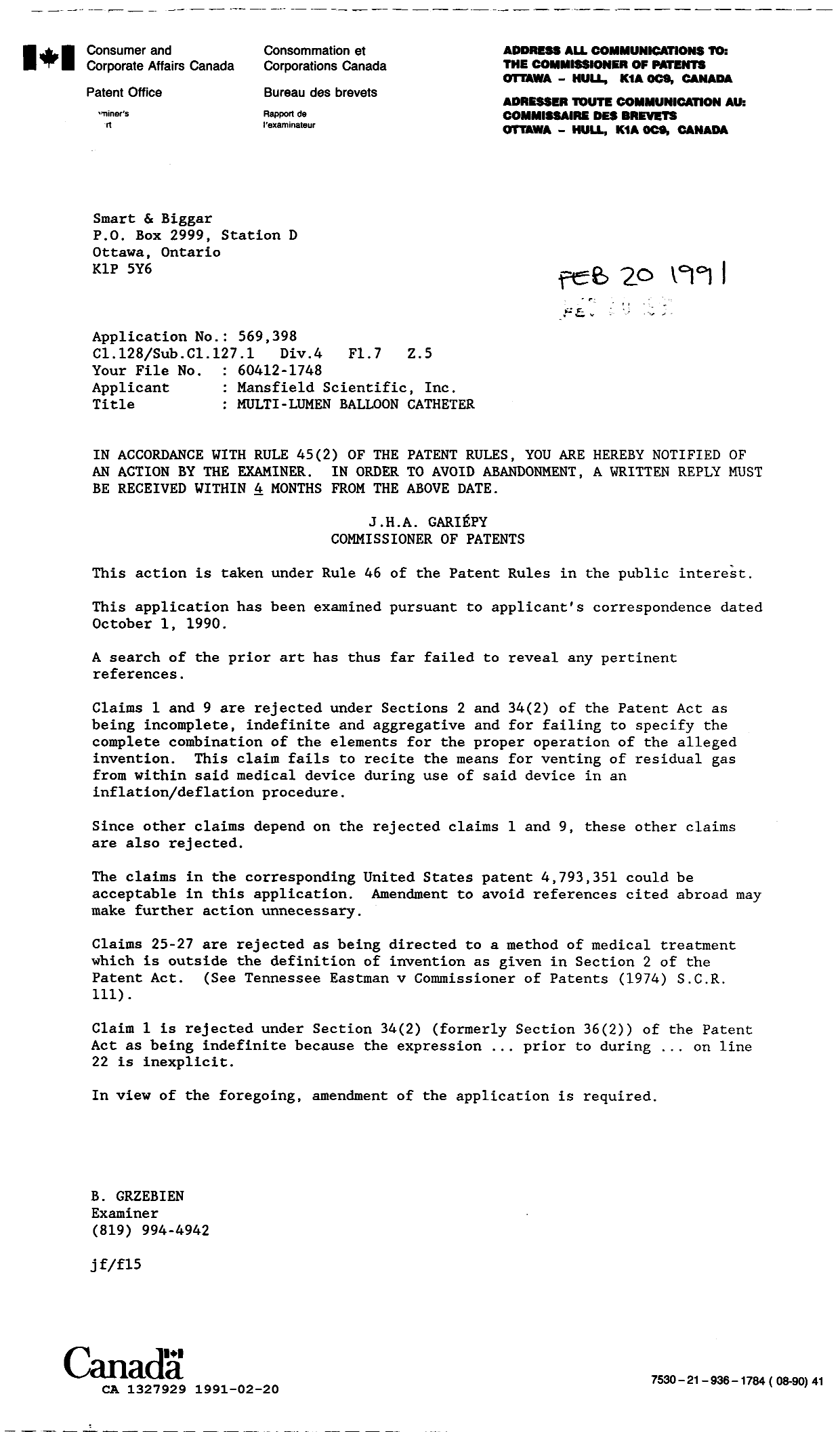 Document de brevet canadien 1327929. Demande d'examen 19910220. Image 1 de 1