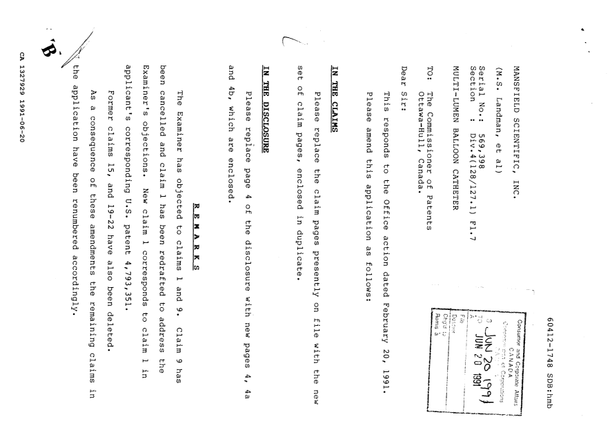 Document de brevet canadien 1327929. Correspondance de la poursuite 19910620. Image 1 de 2