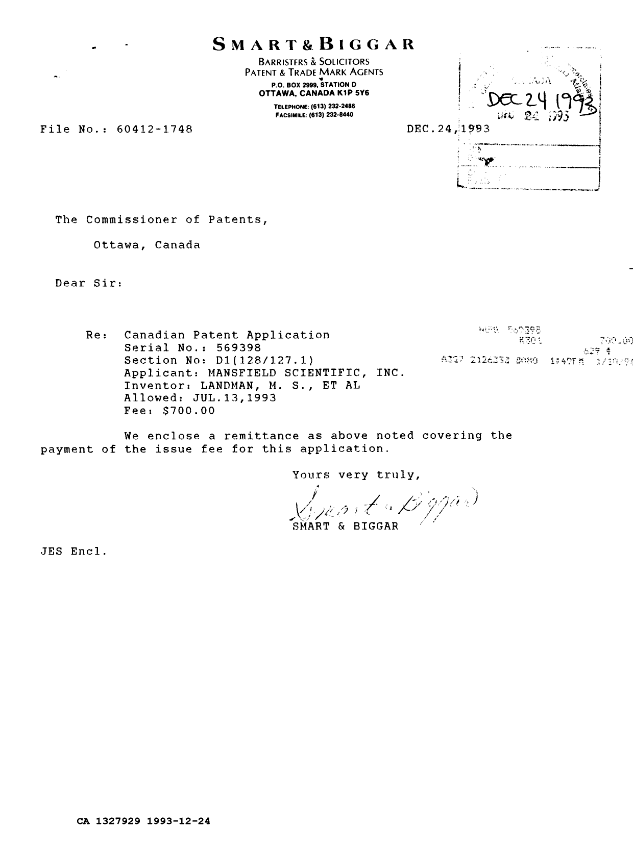 Document de brevet canadien 1327929. Correspondance reliée au PCT 19931224. Image 1 de 1