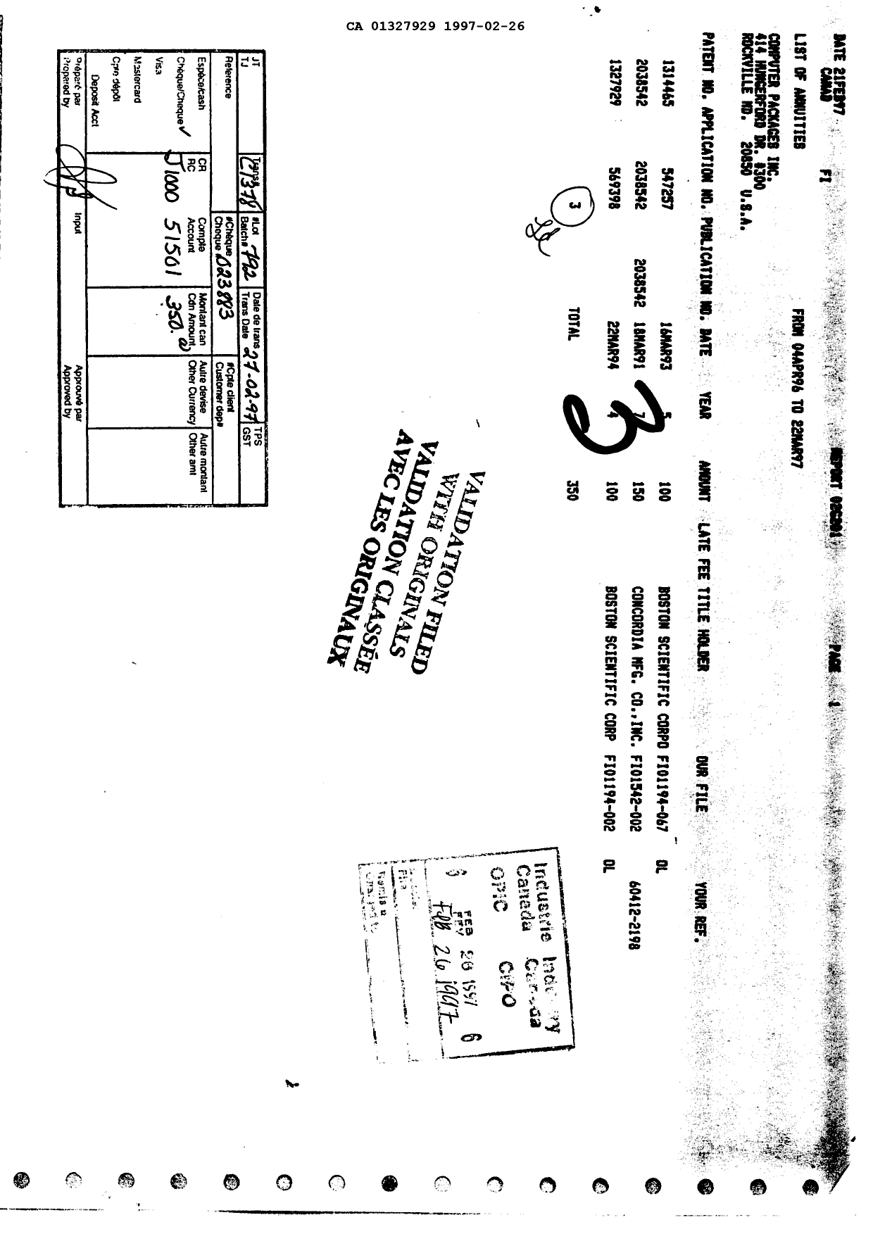 Document de brevet canadien 1327929. Taxes 19970226. Image 1 de 1