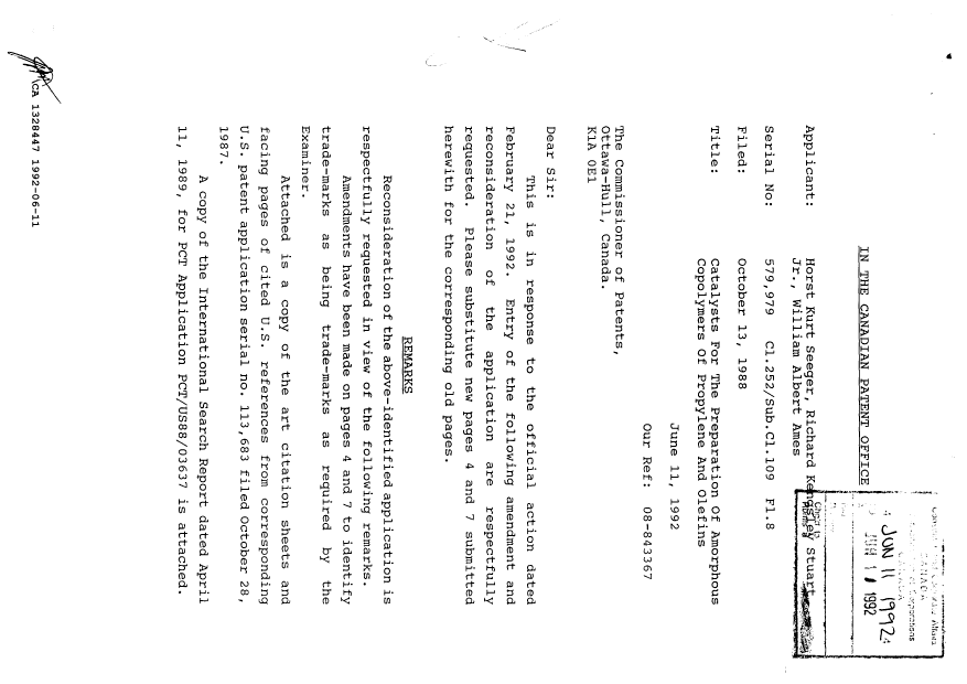 Document de brevet canadien 1328447. Correspondance de la poursuite 19920611. Image 1 de 7
