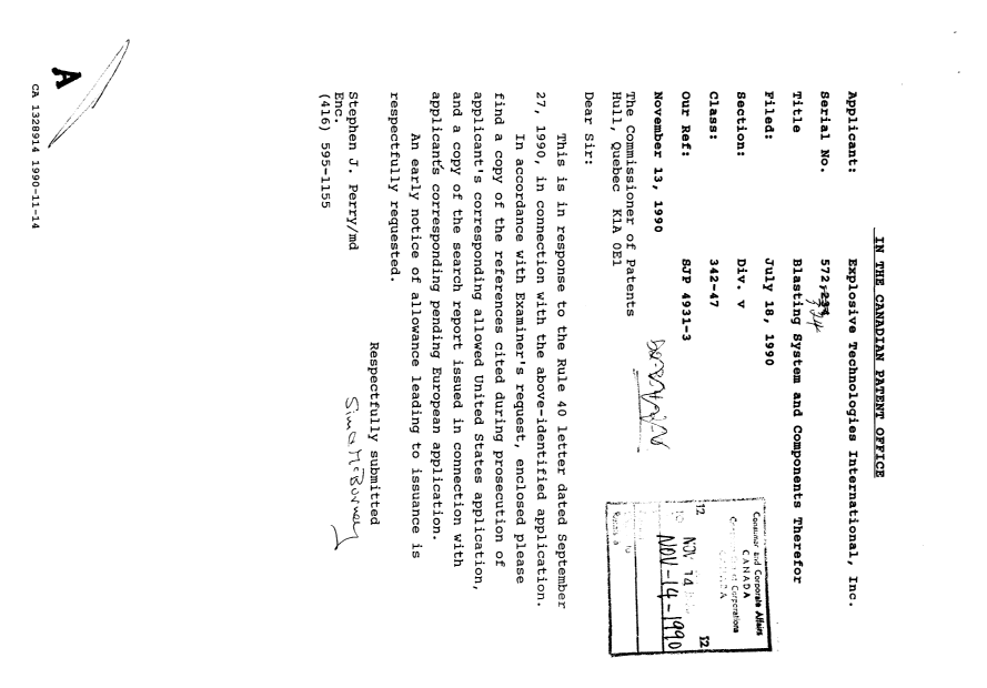 Document de brevet canadien 1328914. Correspondance de la poursuite 19901114. Image 1 de 5