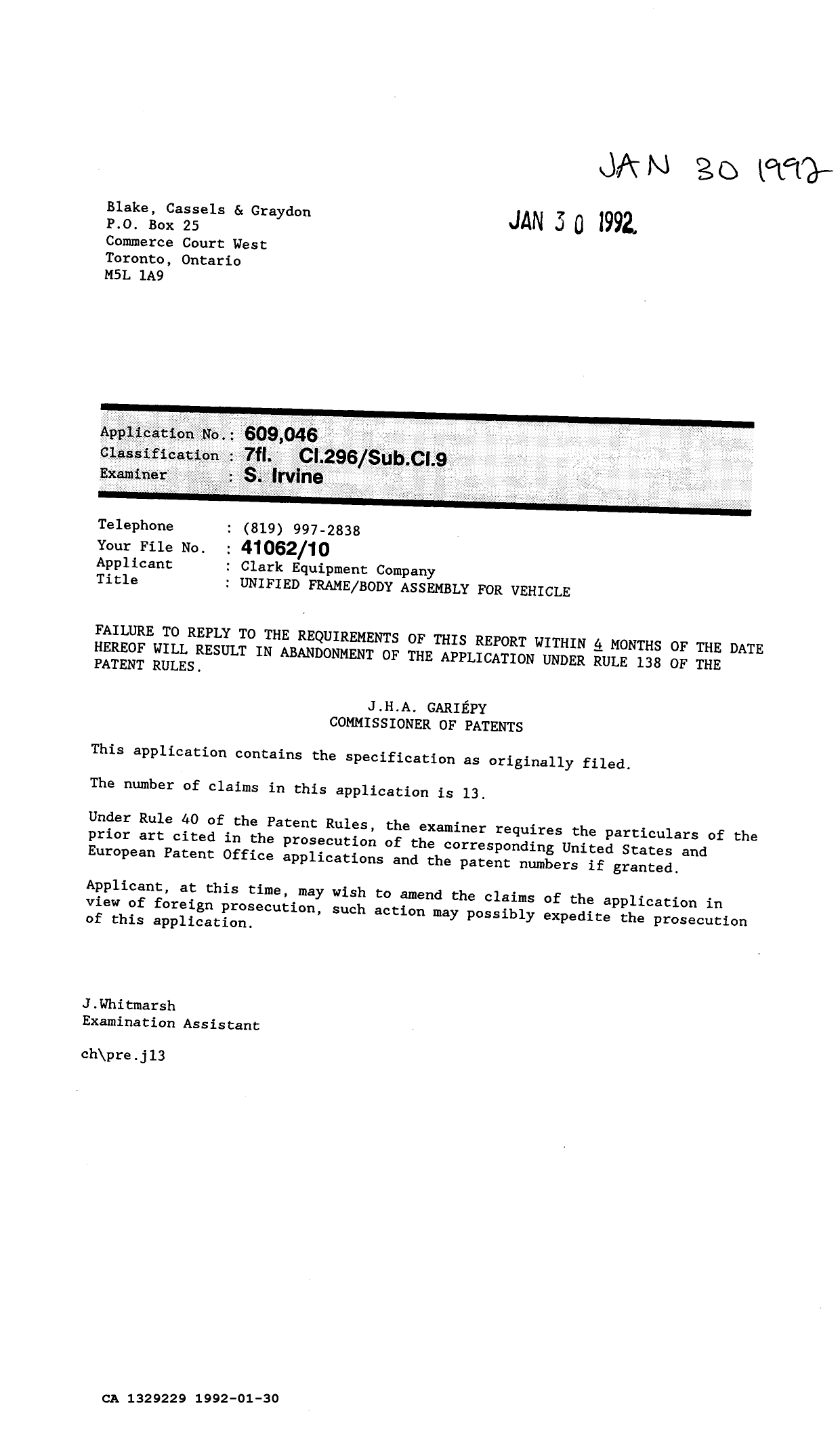 Canadian Patent Document 1329229. Examiner Requisition 19920130. Image 1 of 1