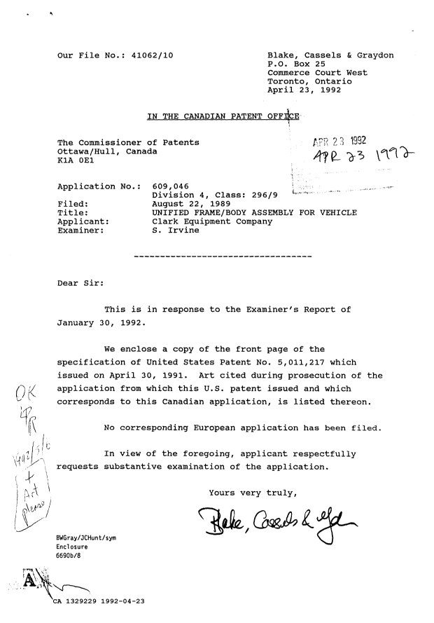 Canadian Patent Document 1329229. Prosecution Correspondence 19920423. Image 1 of 1