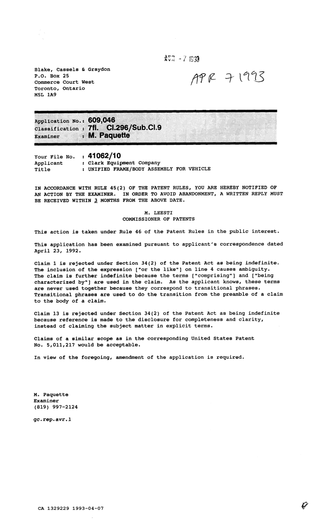 Canadian Patent Document 1329229. Examiner Requisition 19930407. Image 1 of 1