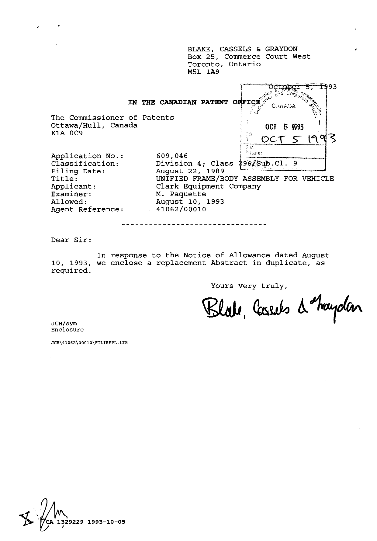 Canadian Patent Document 1329229. Prosecution Correspondence 19931005. Image 1 of 1