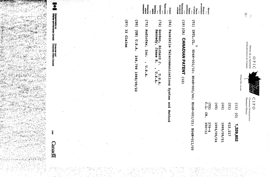 Document de brevet canadien 1329852. Page couverture 19940726. Image 1 de 1