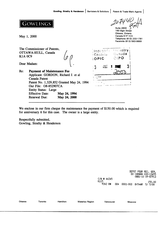 Canadian Patent Document 1329852. Fees 20000501. Image 1 of 1