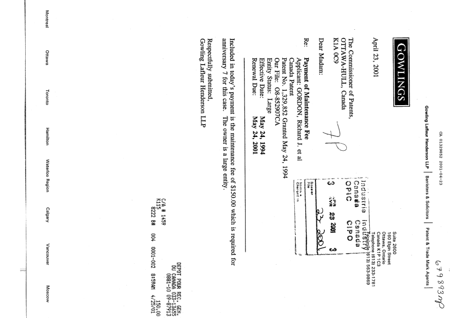 Document de brevet canadien 1329852. Taxes 20010423. Image 1 de 1
