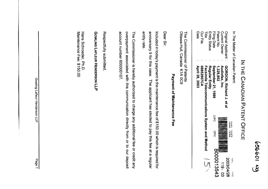 Document de brevet canadien 1329852. Taxes 20030428. Image 1 de 1
