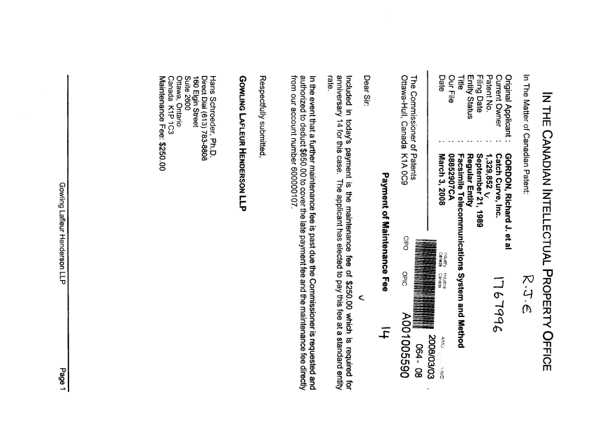 Document de brevet canadien 1329852. Taxes 20080303. Image 1 de 1