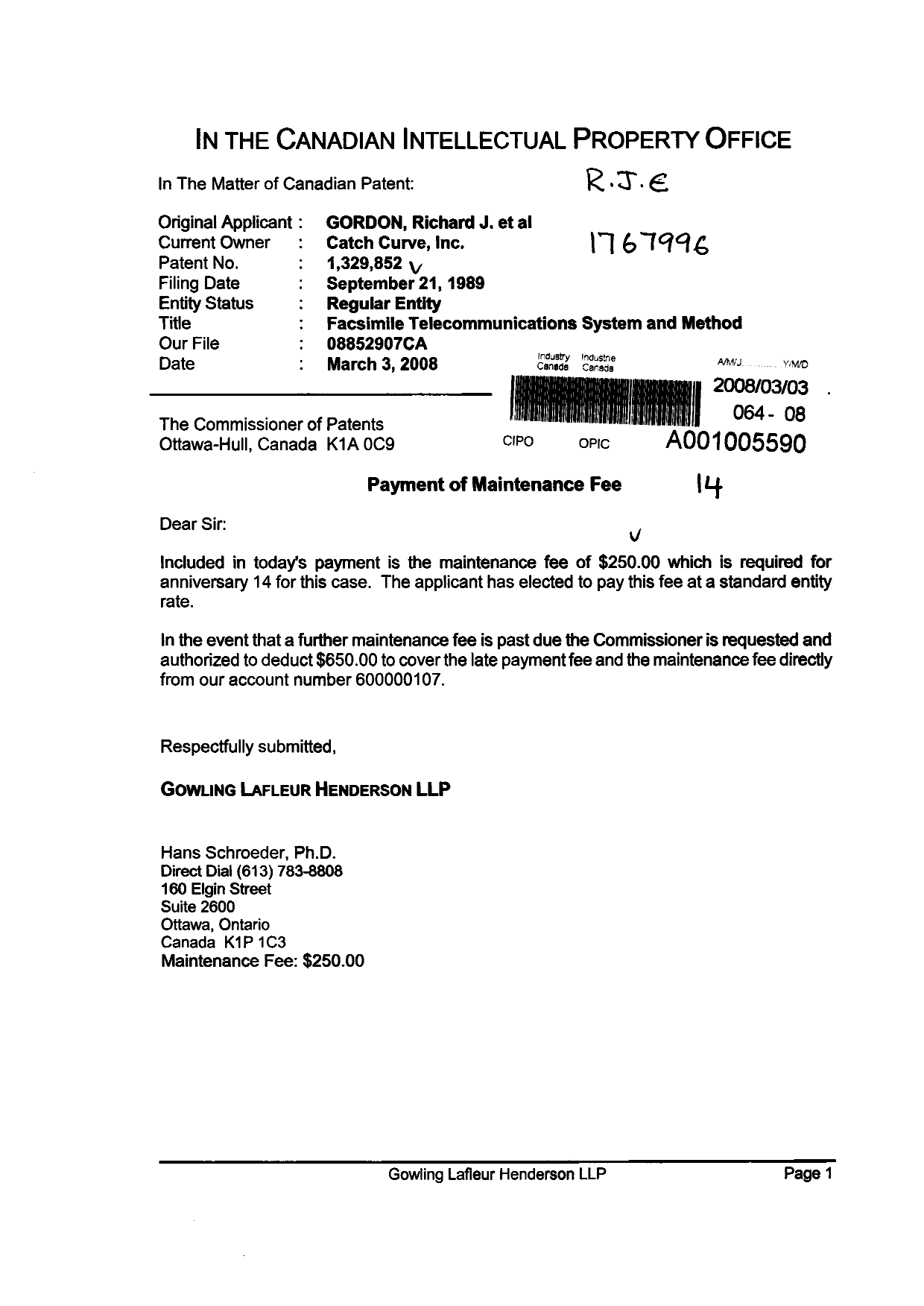 Document de brevet canadien 1329852. Taxes 20080303. Image 1 de 1
