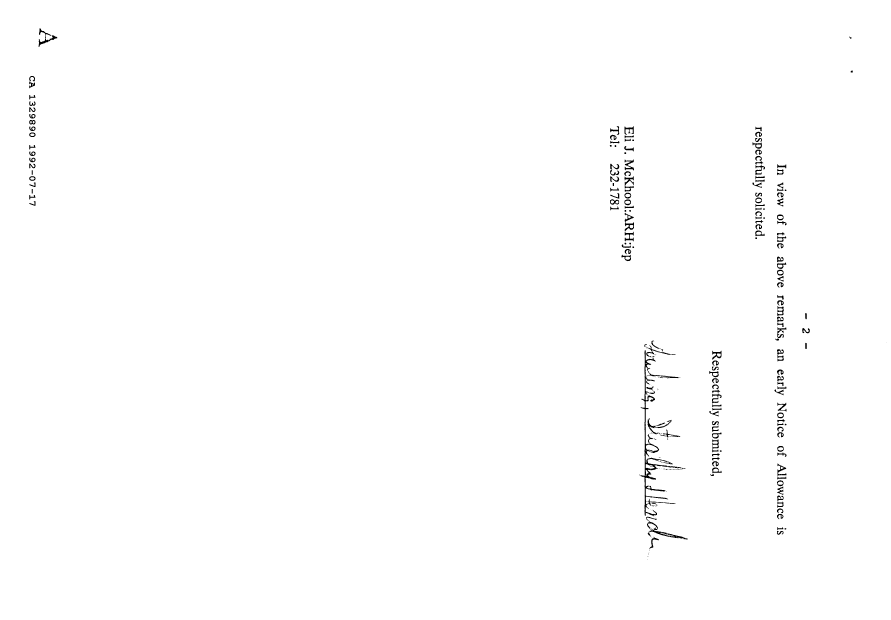 Canadian Patent Document 1329890. Prosecution Correspondence 19920717. Image 2 of 6