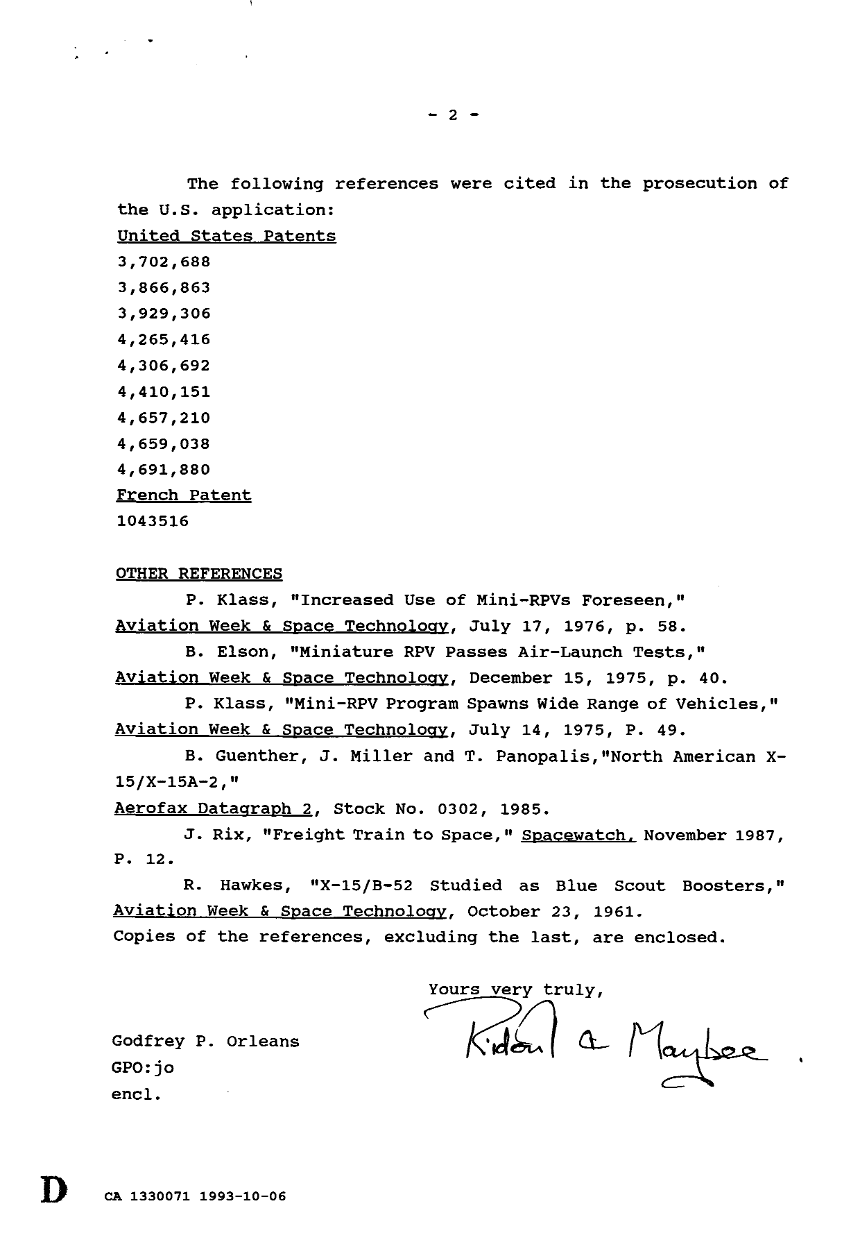 Canadian Patent Document 1330071. Prosecution Correspondence 19931006. Image 2 of 2