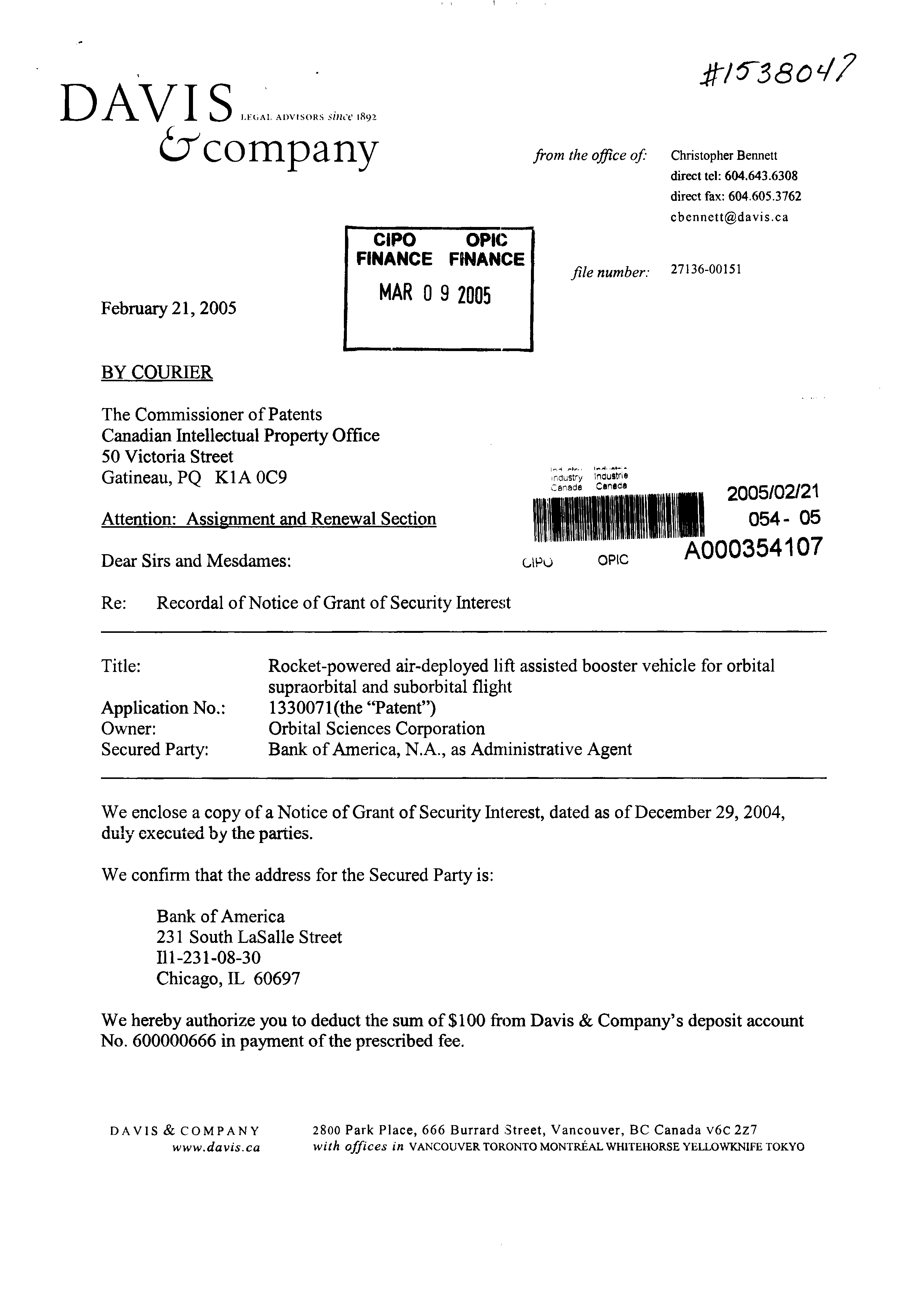 Document de brevet canadien 1330071. Cession 20050221. Image 1 de 5