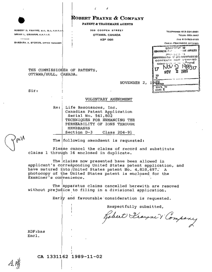 Canadian Patent Document 1331162. Prosecution Correspondence 19891102. Image 1 of 2