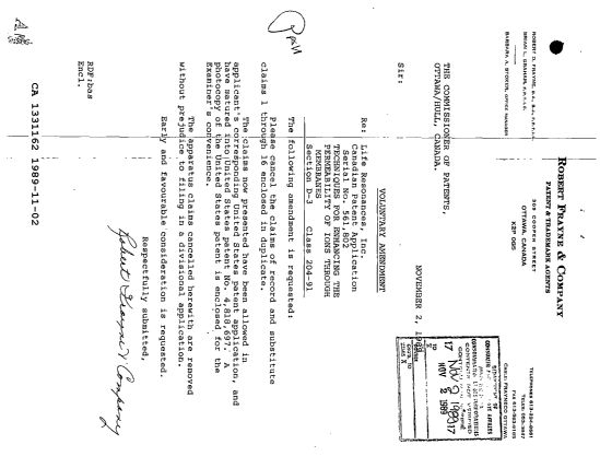 Document de brevet canadien 1331162. Correspondance de la poursuite 19891102. Image 1 de 2