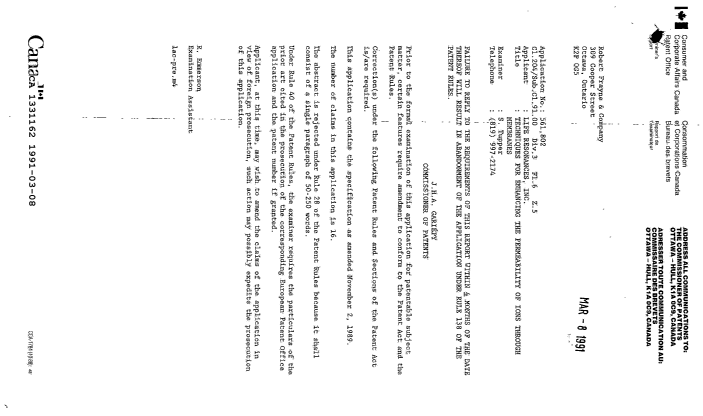 Document de brevet canadien 1331162. Demande d'examen 19910308. Image 1 de 1