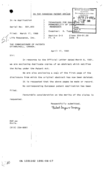 Canadian Patent Document 1331162. Prosecution Correspondence 19910417. Image 1 of 1