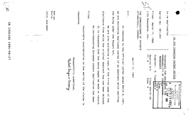 Document de brevet canadien 1331162. Correspondance de la poursuite 19910417. Image 1 de 1