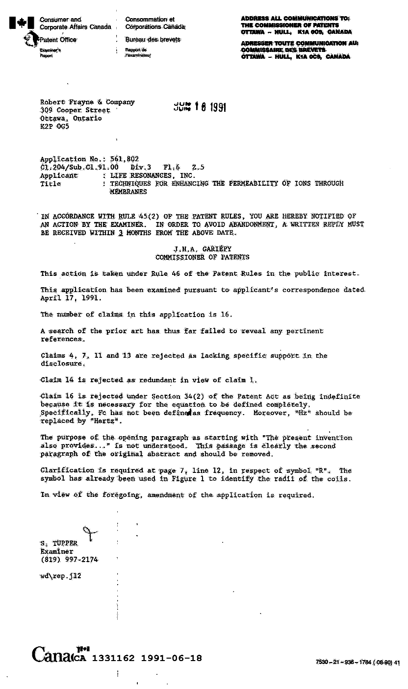 Document de brevet canadien 1331162. Demande d'examen 19910618. Image 1 de 1