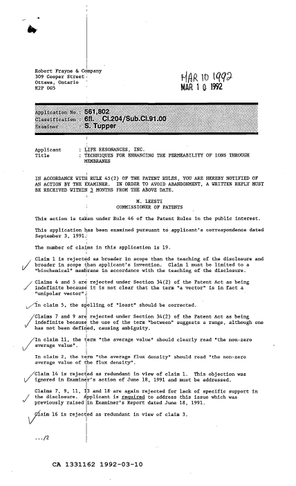 Canadian Patent Document 1331162. Examiner Requisition 19920310. Image 1 of 2