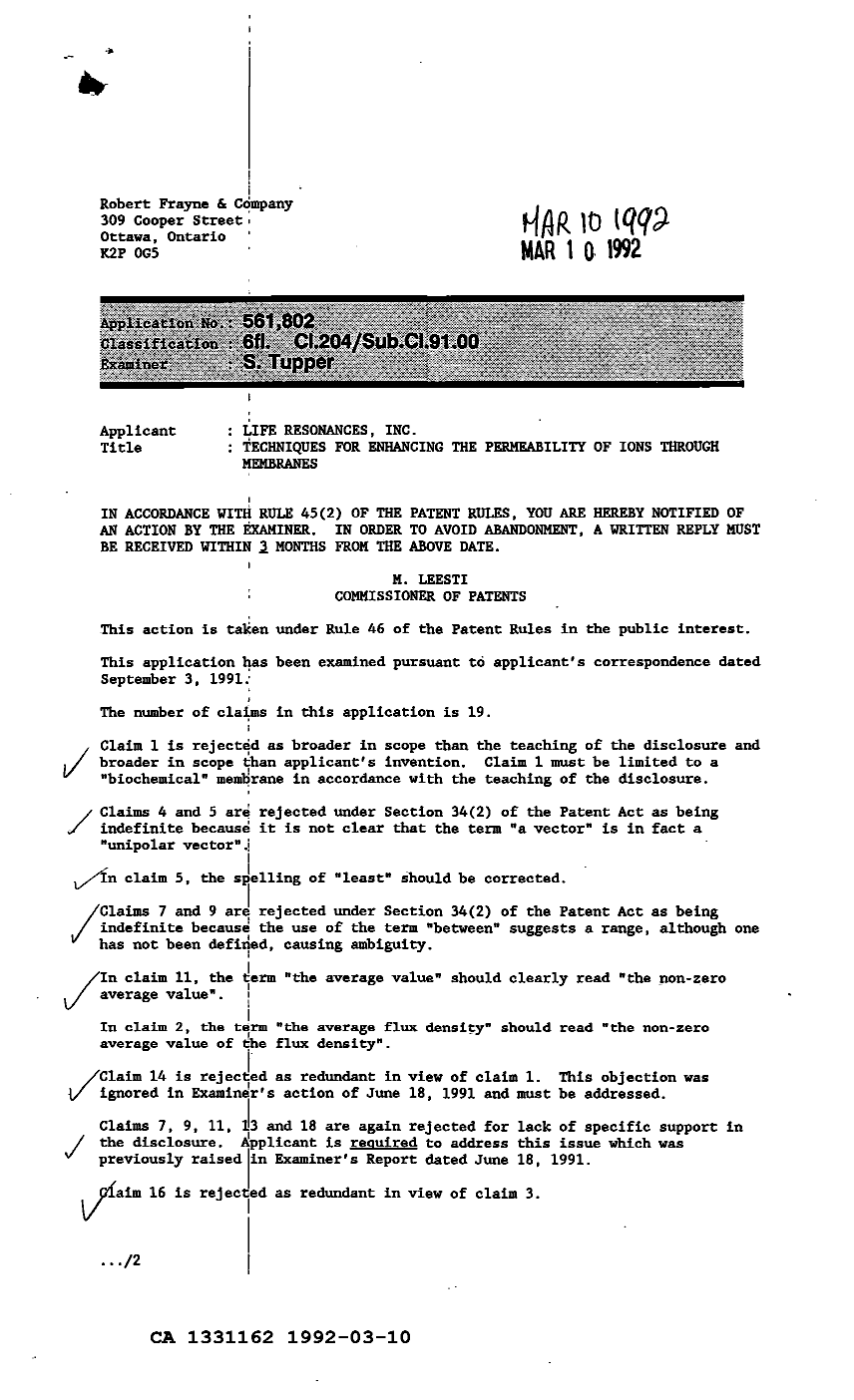 Document de brevet canadien 1331162. Demande d'examen 19920310. Image 1 de 2