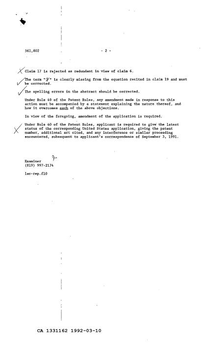 Document de brevet canadien 1331162. Demande d'examen 19920310. Image 2 de 2