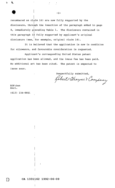 Document de brevet canadien 1331162. Correspondance de la poursuite 19920609. Image 2 de 2