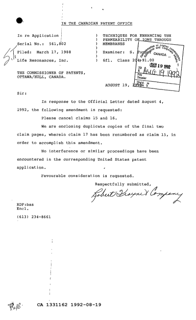 Canadian Patent Document 1331162. Prosecution Correspondence 19920819. Image 1 of 1