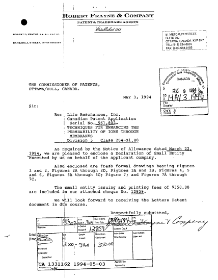 Canadian Patent Document 1331162. PCT Correspondence 19940503. Image 1 of 2