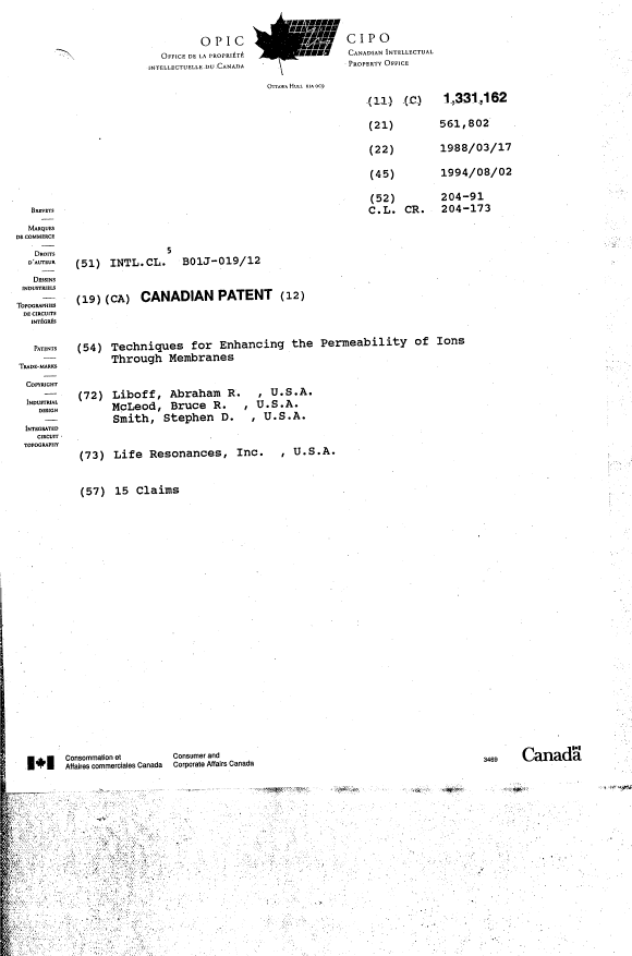 Canadian Patent Document 1331162. Cover Page 19950829. Image 1 of 1