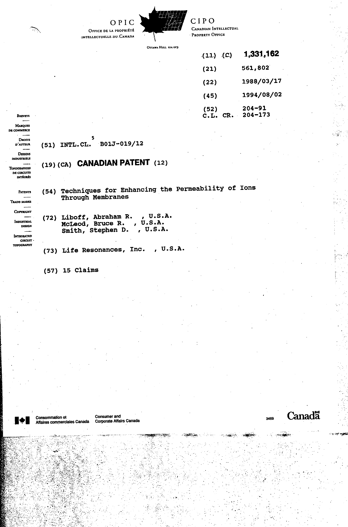 Document de brevet canadien 1331162. Page couverture 19950829. Image 1 de 1