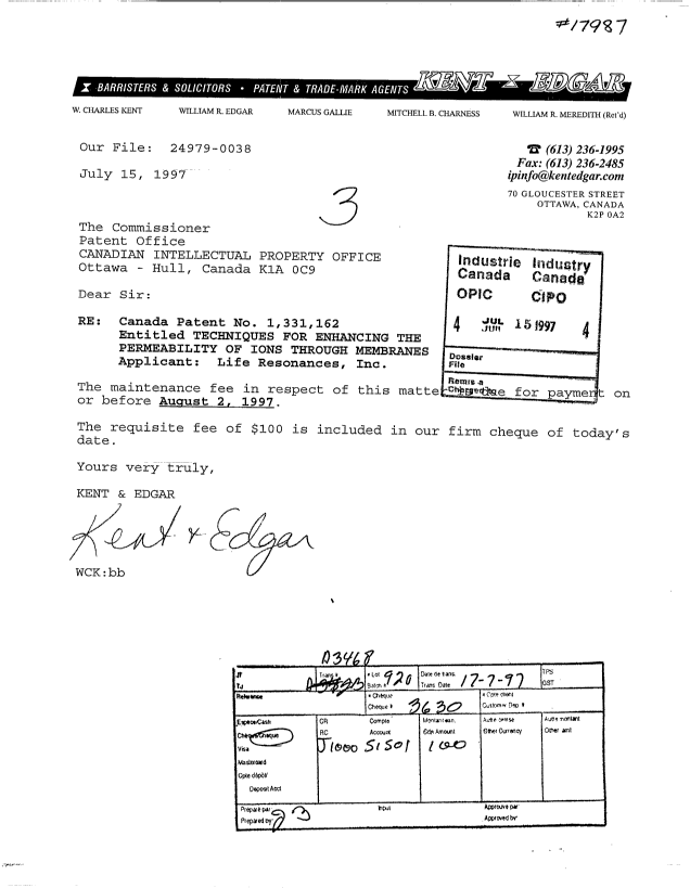 Document de brevet canadien 1331162. Taxes 19970715. Image 1 de 1