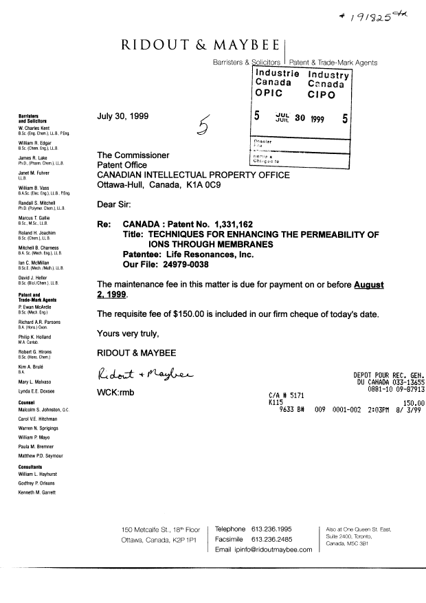 Canadian Patent Document 1331162. Fees 19990730. Image 1 of 1