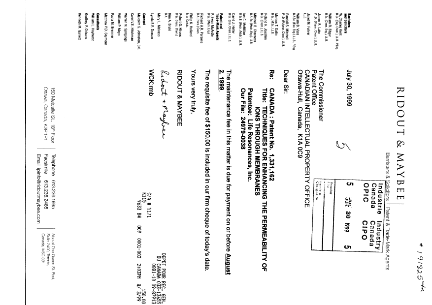 Document de brevet canadien 1331162. Taxes 19990730. Image 1 de 1