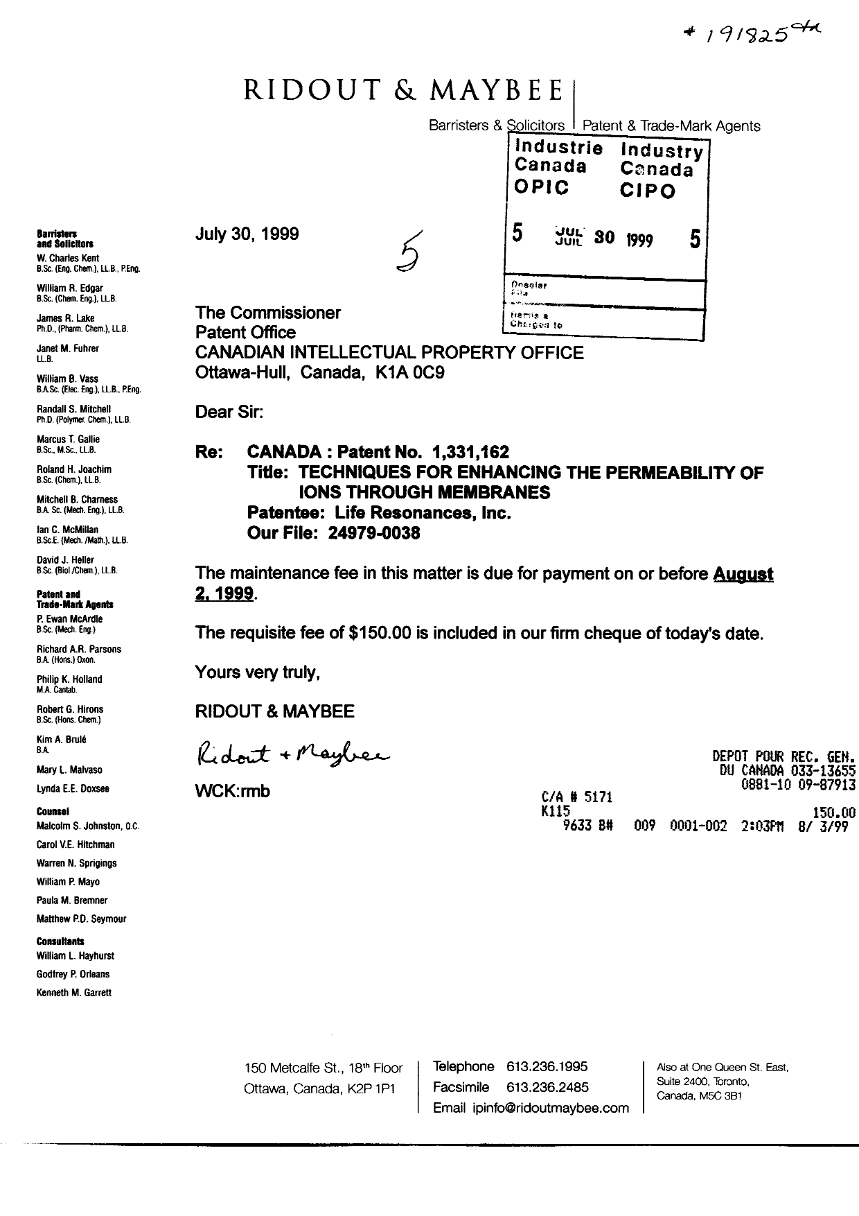 Document de brevet canadien 1331162. Taxes 19990730. Image 1 de 1