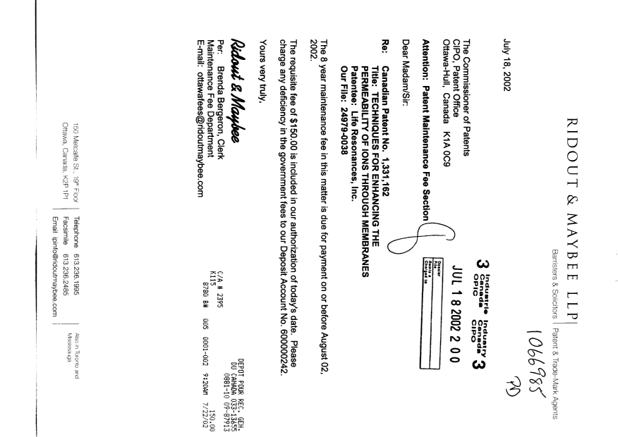 Document de brevet canadien 1331162. Taxes 20020718. Image 1 de 1